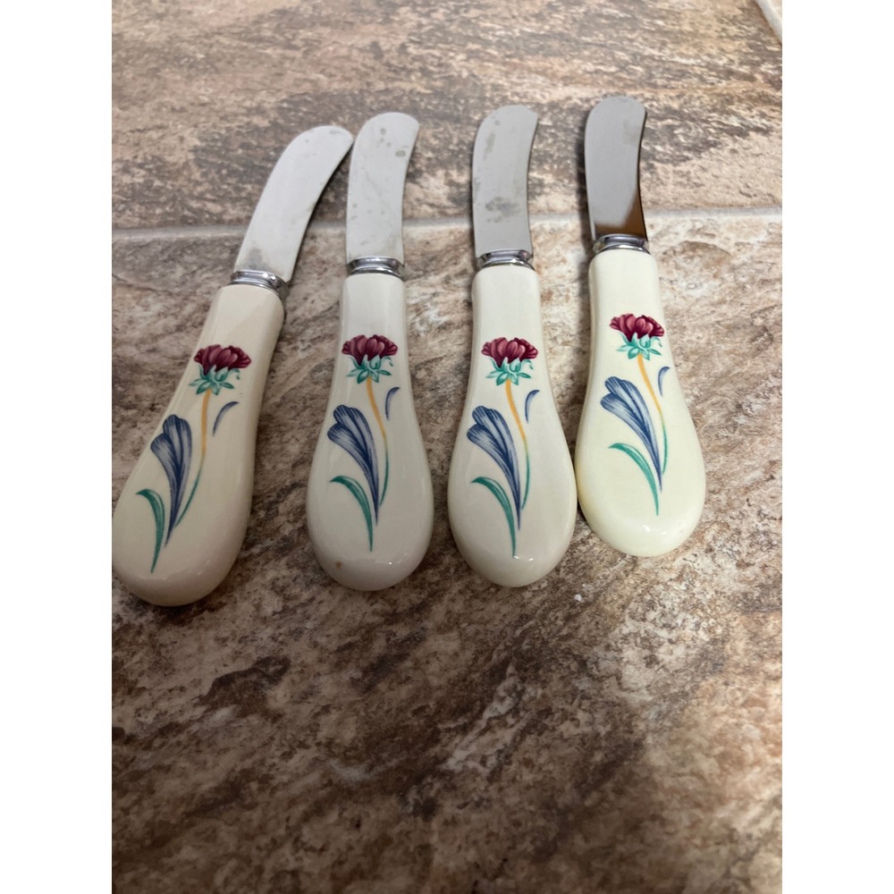 Lenox Floral Cheese Spreaders Set of 4 Ceramic Handle Stainless Steel Japan 5in